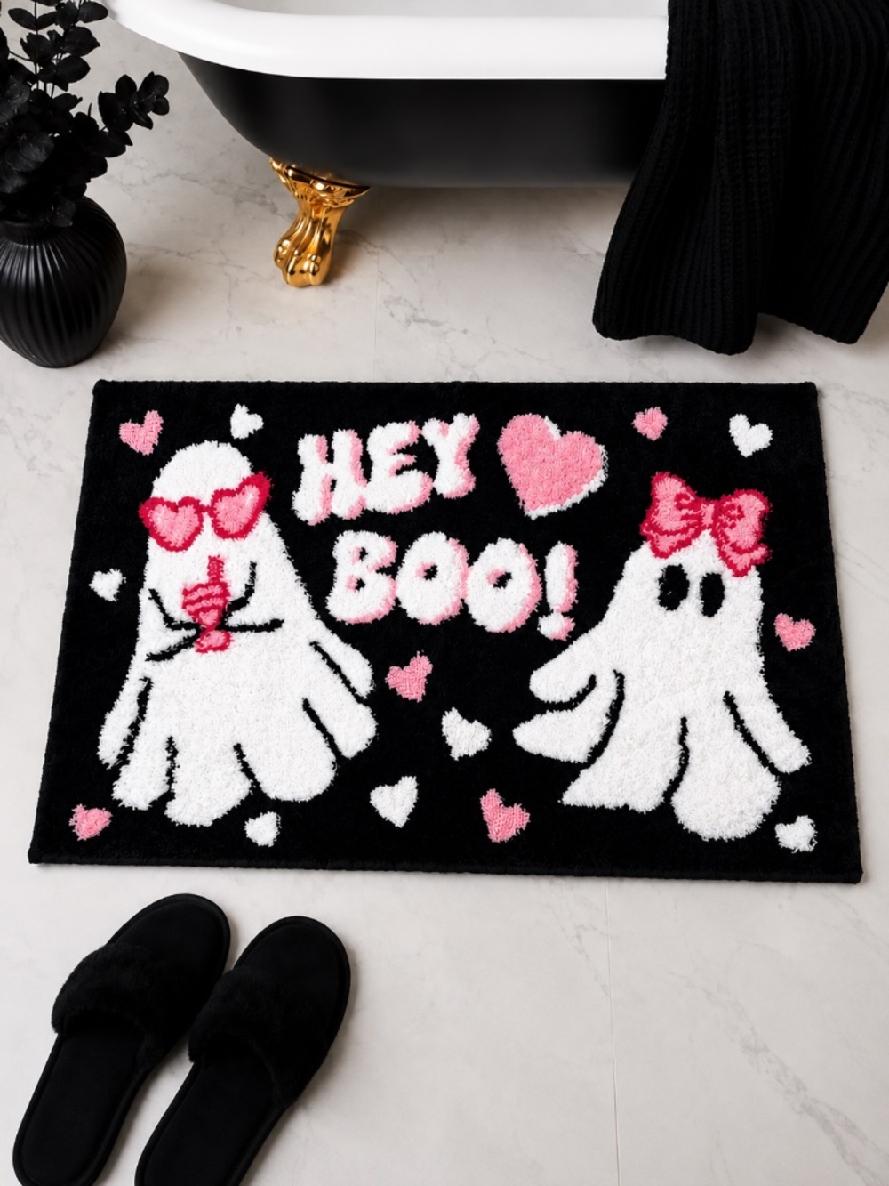Betsey Johnson Hey Boo Ghost Bath Rug 20x32 Black Pink Halloween Gothic NWT